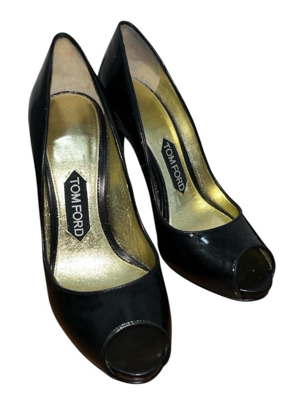Tom Ford Black Patent Peep-Toe Pumps with Gold Insole